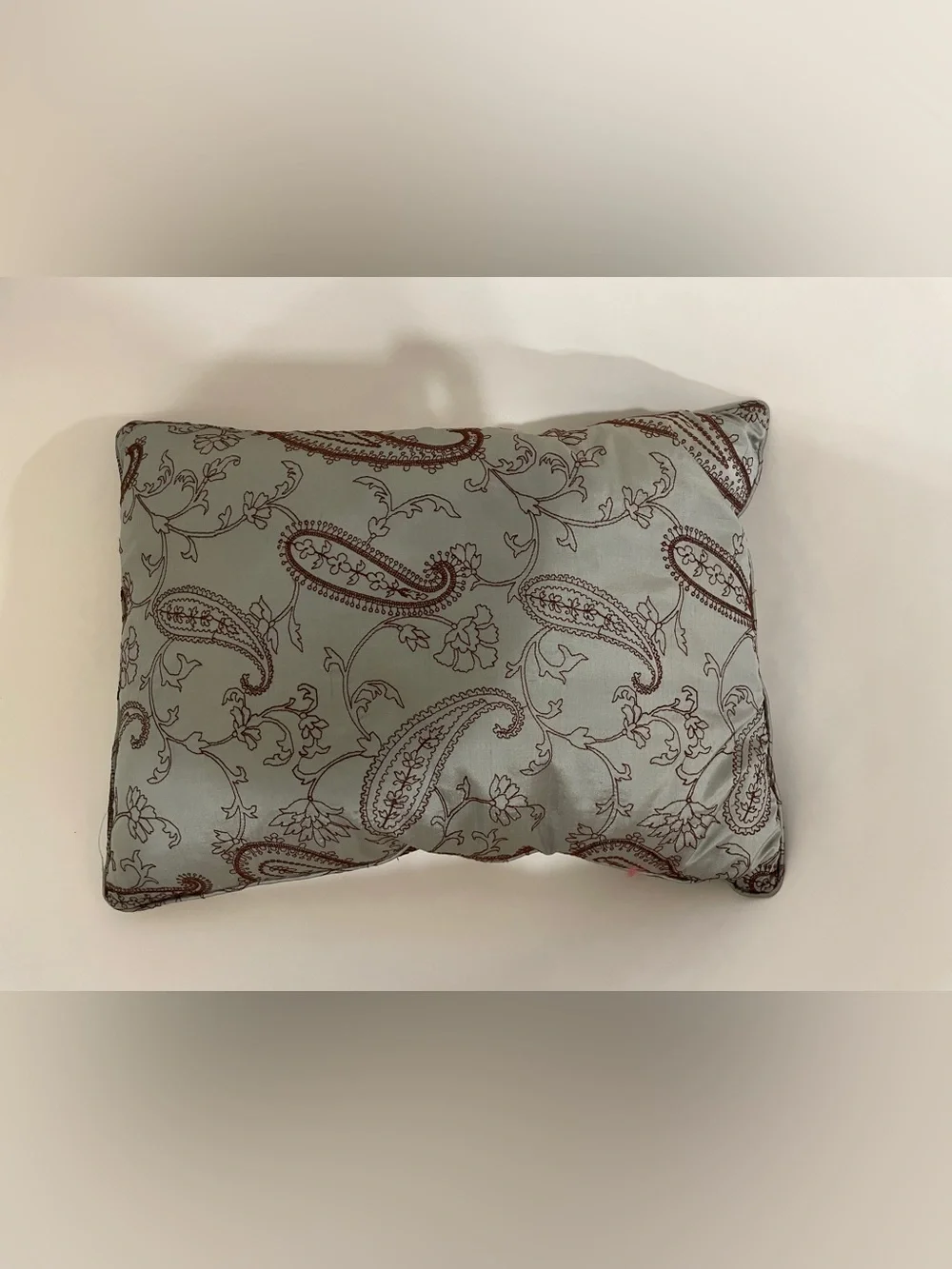 Decorative Pillow Dusty Blue Green with Embroidered Brown Paisley Pattern
